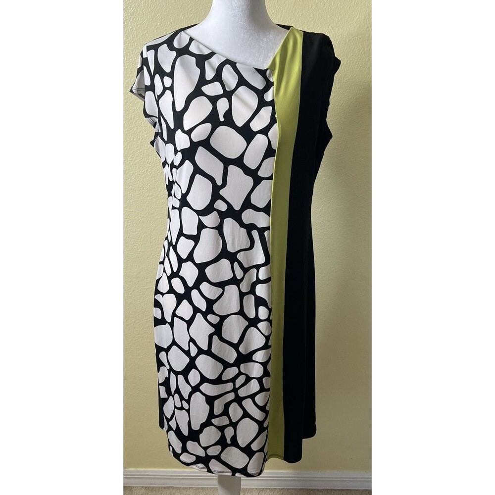 R&K Geometric Asymmetrical Black White Lime Sheath Workwear Career Dress Sz M